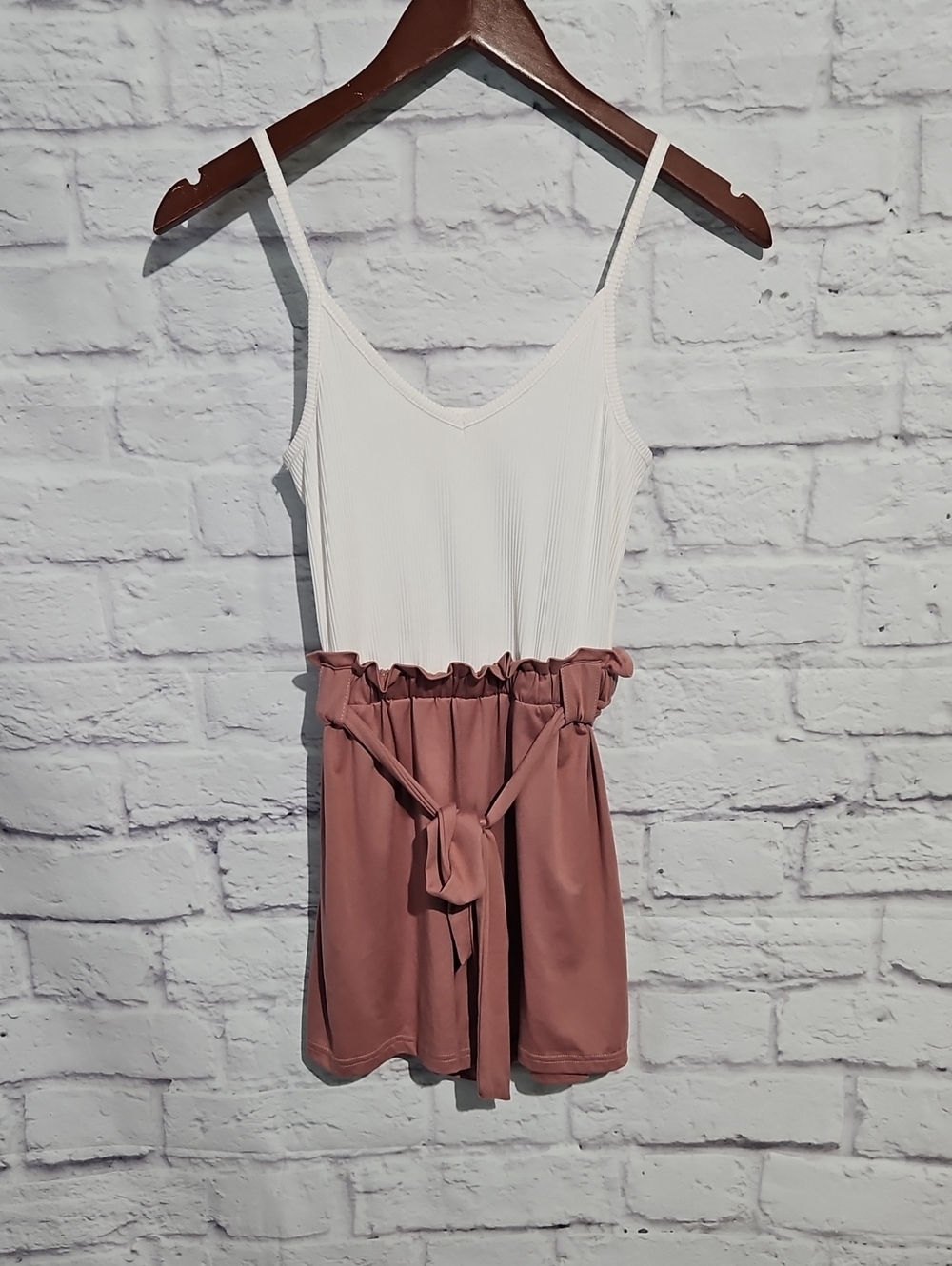 White & Dusty Rose Two-Tone Paperbag Waist Romper